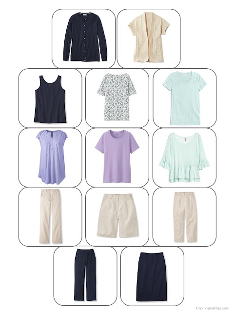 13-piece wardrobe template with a summer travel capsule wardrobe in navy, beige, lavender and aqua 13-piece wardrobe template with a summer travel capsule wardrobe in navy, beige, lavender and aqua