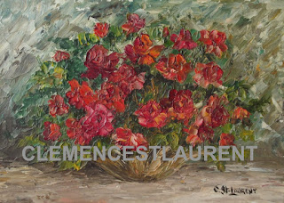Vermilion roses, 5 x 7 oil painting by Quebec artist Clemence St. Laurent