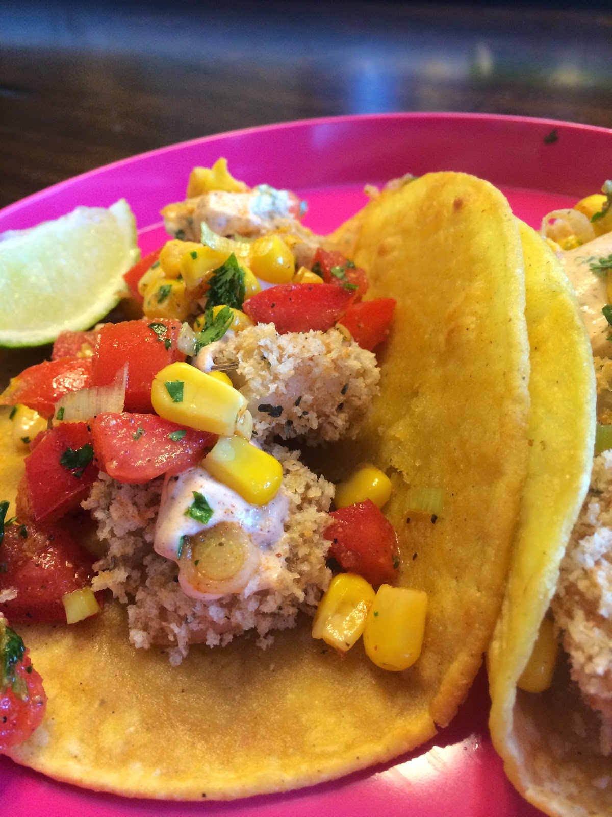 Kreepin' In the Kitchen Baked Popcorn Shrimp Tacos with Tomato and