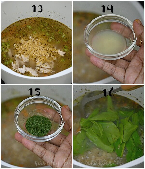 steps to make orzo soup - add lemon juice,parsley,spinach