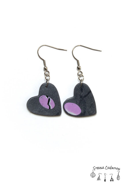 Boucles oreilles pâte polymère WaterColor Mosaic Violet gris Stenna Création Fimo Cernit 