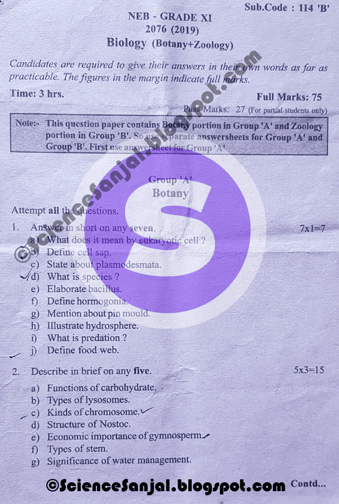 Grade 11 NEB Biology (Botany+Zoology) Question Paper 20762019