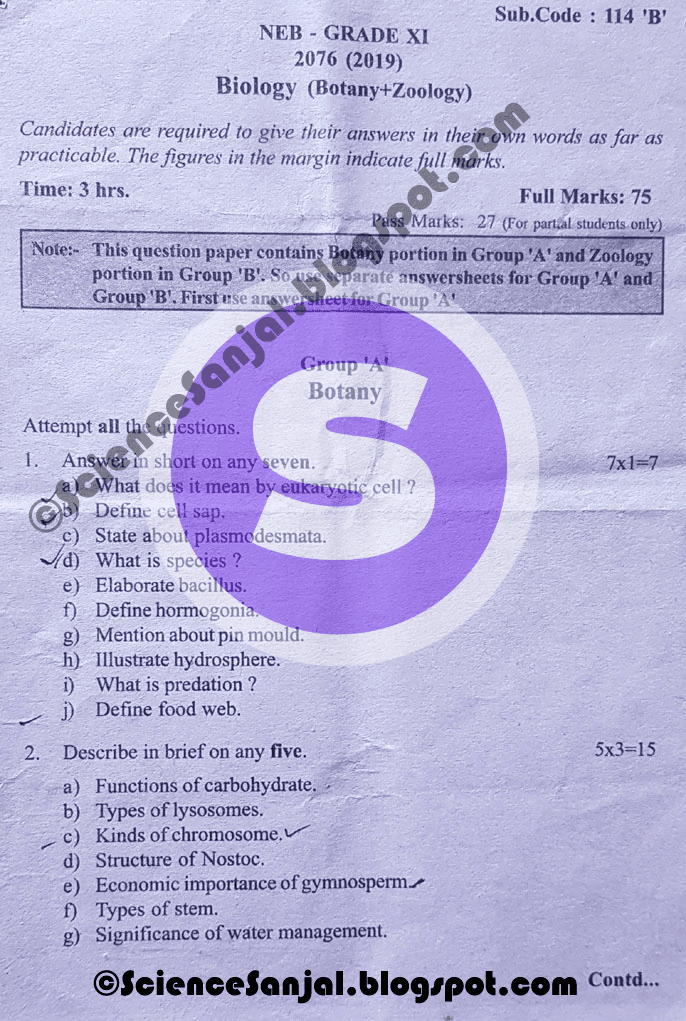 Grade-11-NEB-Biology-Botany-Zoology-Question-Paper-2076-2019-Code-114B