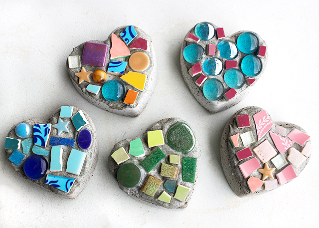 creating with Jules- concrete mosaic hearts