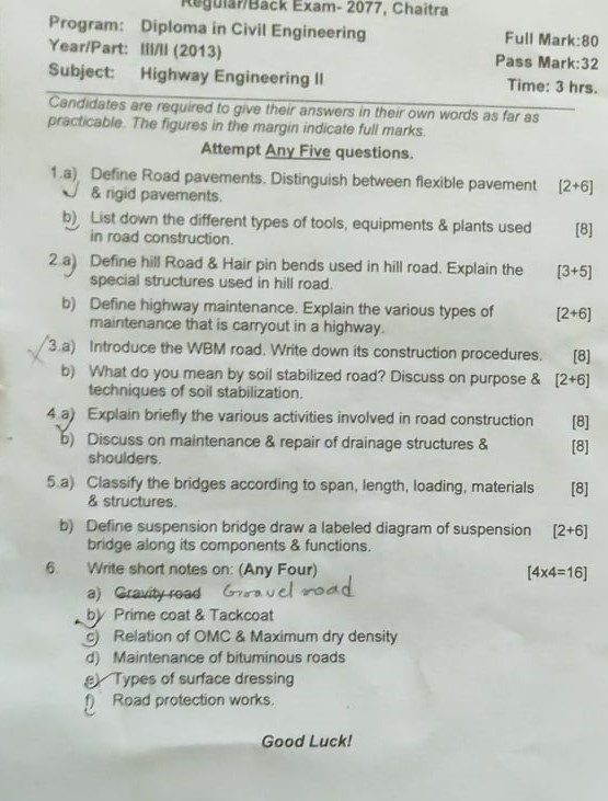 Highway Engineering II 6th Semester Question Papers CTEVT Diploma