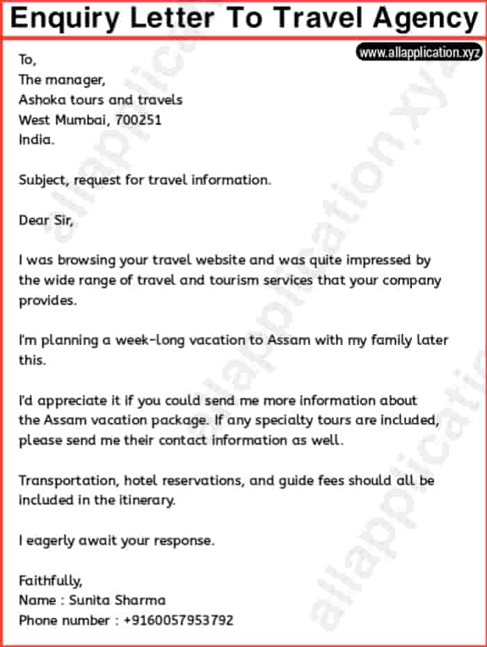 Enquiry Letter to Travel Agency (Sample)