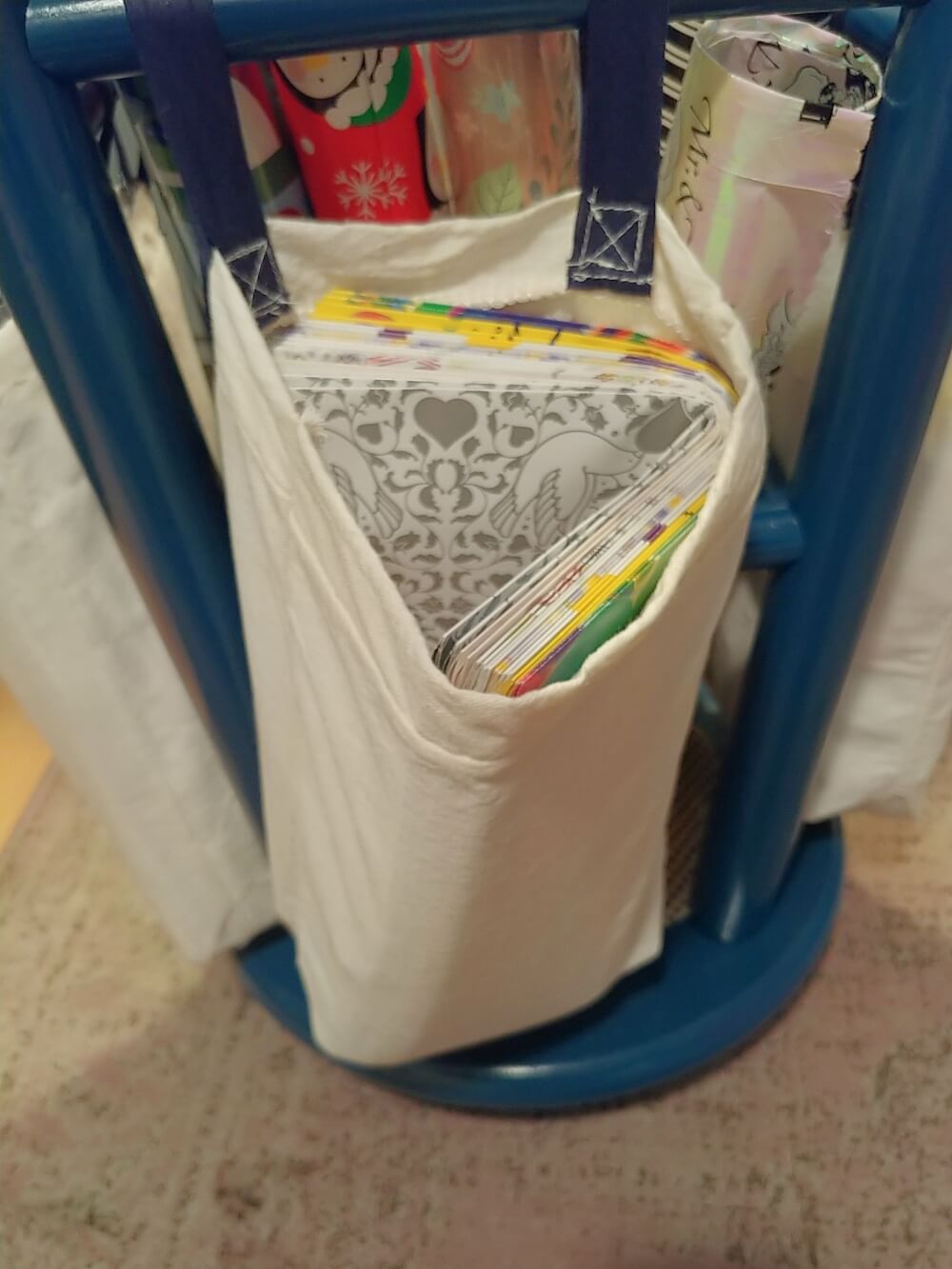Upcycled Stool Gift Wrap Storage