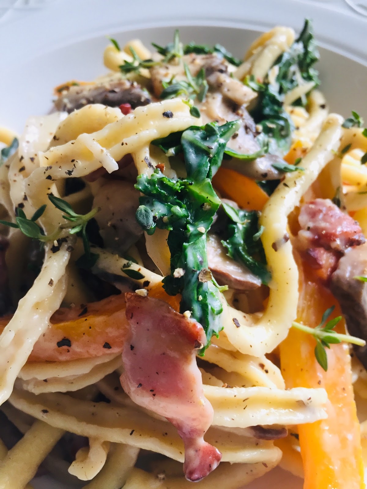 German Egg Pasta in Thyme scented Cream Sauce with Portobello Mushrooms