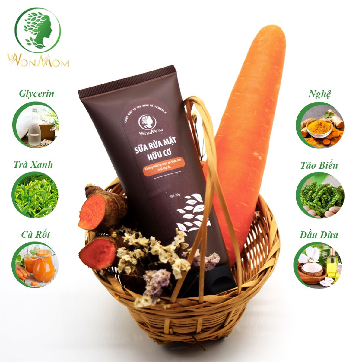 BỘ DƯỠNG DA MẶT ORGANIC, LÀM SẠCH DA, NGĂN NGỪA MỤN, TRẮNG SÁNG DA MẶT WONMOM (1 SỮA RỬA MẶT + 1 SERUM VITAMIN C)