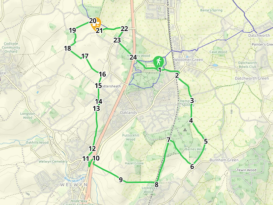 Map for Walk 78: Welwyn NE Loop  Created on Map Hub by Hertfordshire Walker Elements © Thunderforest © OpenStreetMap contributors See the interactive map below the directions for KML and GPX details