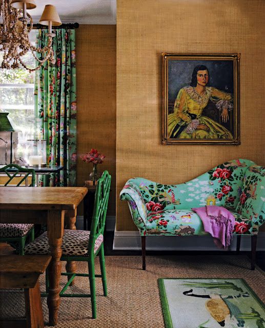 Gorgeous colorful florals and grasscloth wallcovering