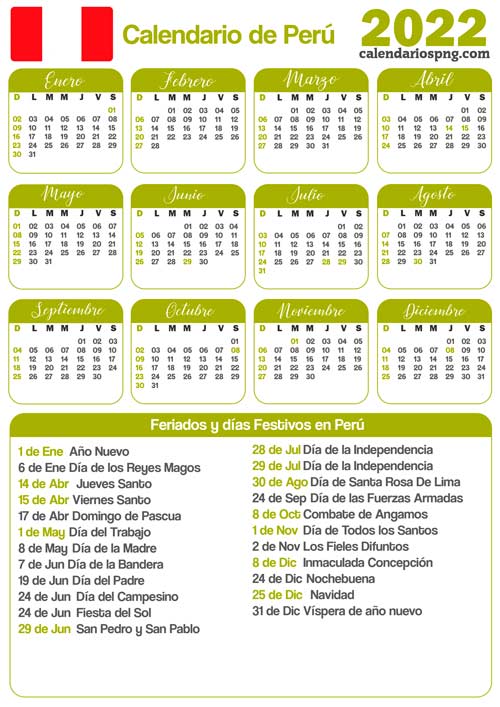 Calendarios 2022 de Perú para imprimir