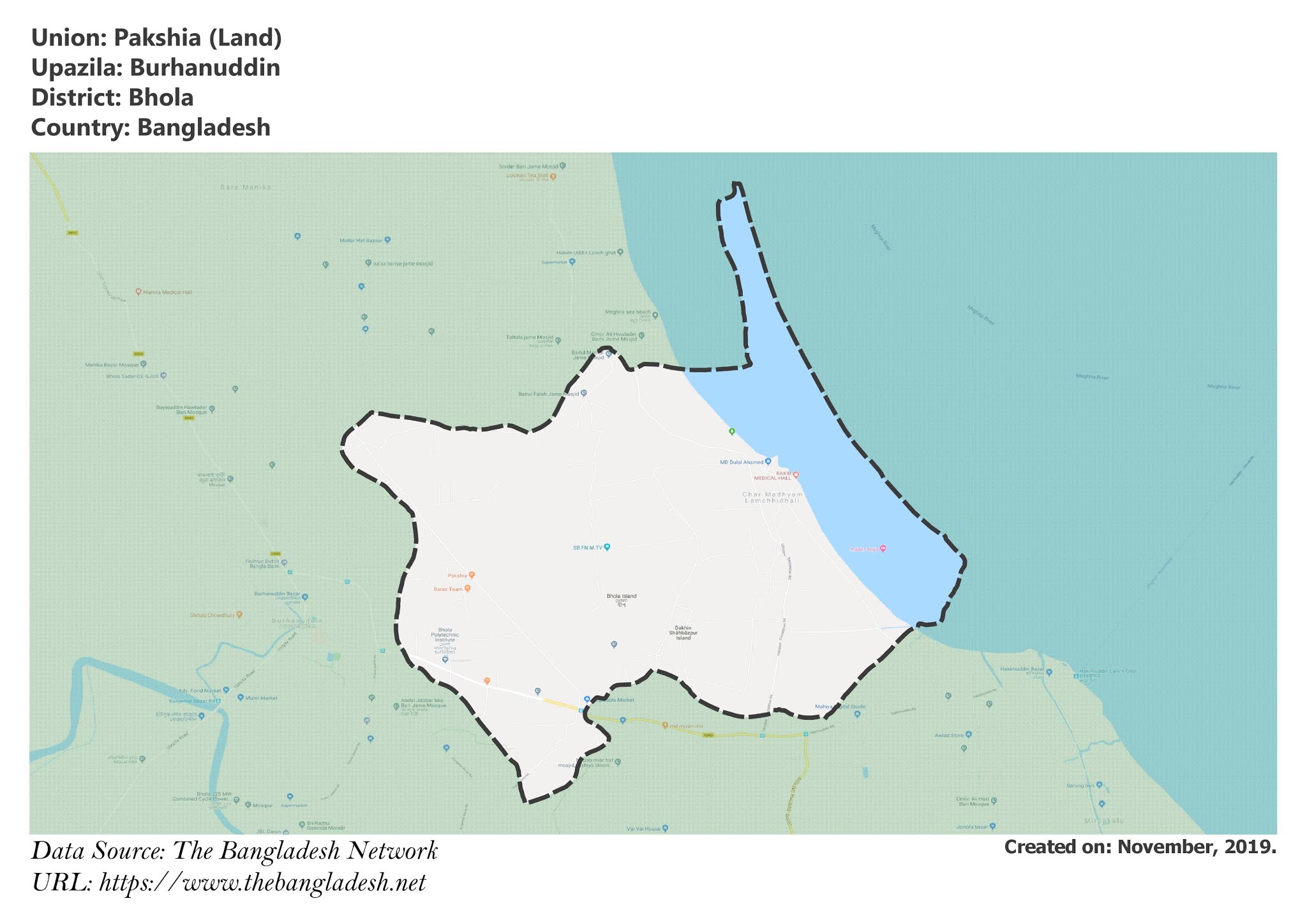 Map of Pakshia of Bhola, Bangladesh.