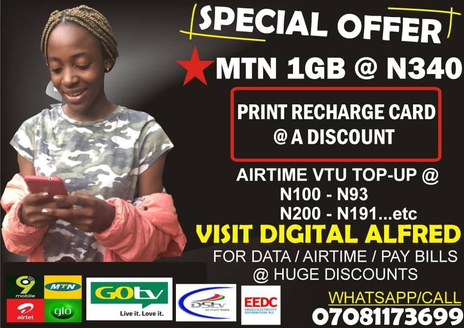 (DIGITAL ALFRED TELECOMMS) BUY DATA / AIRTIME / PAY TV /LIGHT BILLS @ HUGE DISCOUNTS