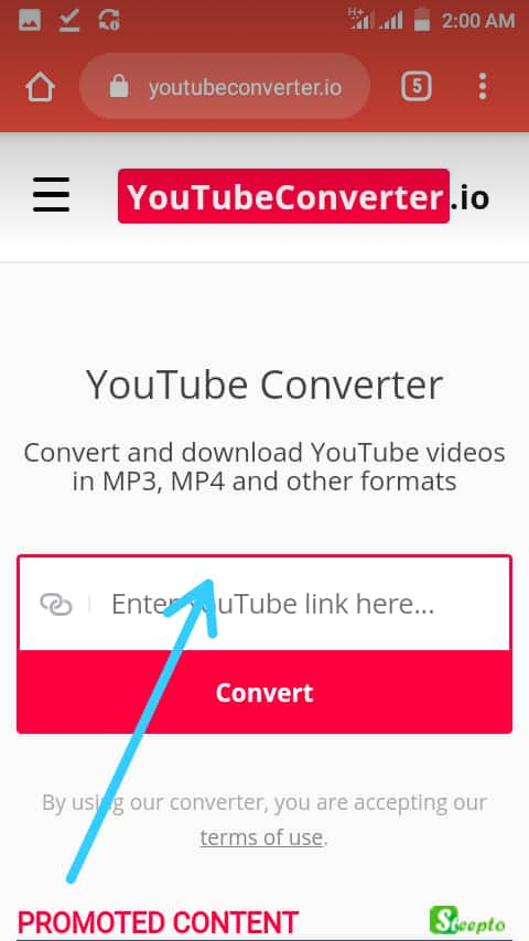 YouTube converter front page with search bar