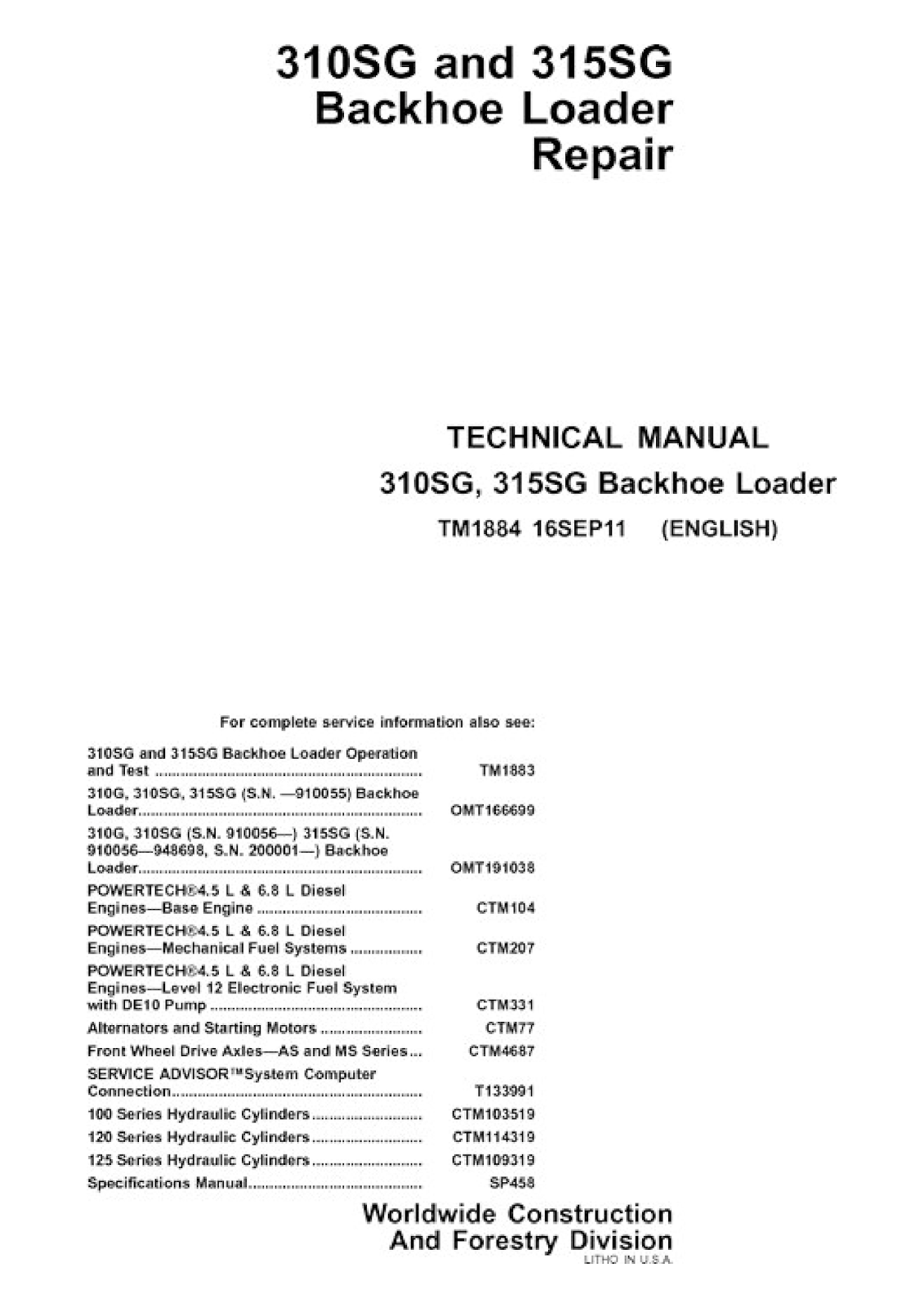John Deere 310SG and 315SG Backhoe Loaders Repair Service Manual