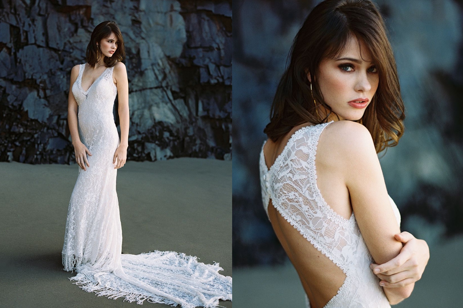 a very beautiful bride in a boho wedding dress is posing on a shore