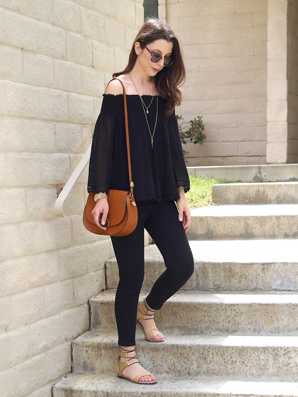 black off the shoulder top outfit