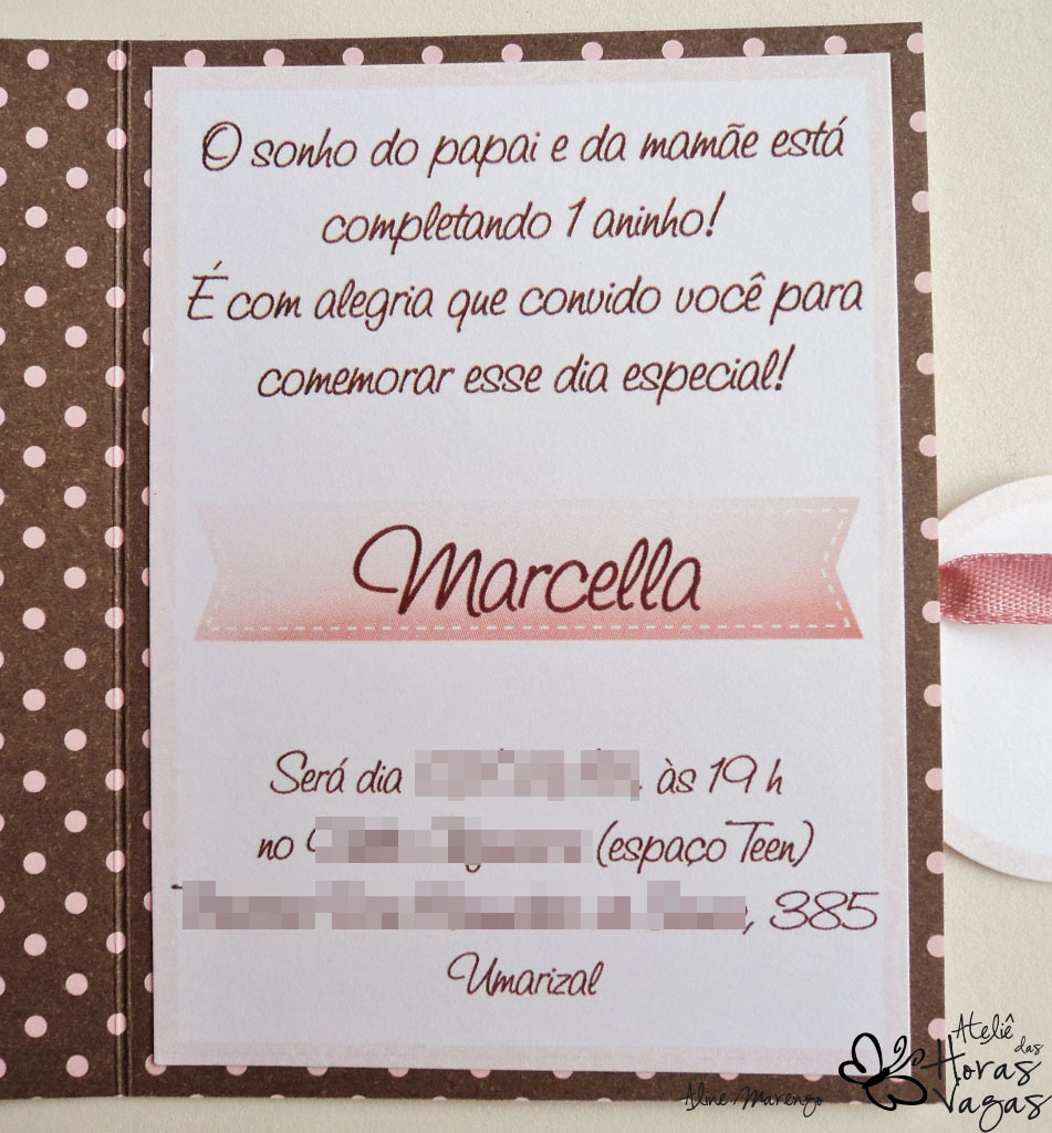 convite artesanal poá rosa marrom ursinha aniversário 1 aninho menina