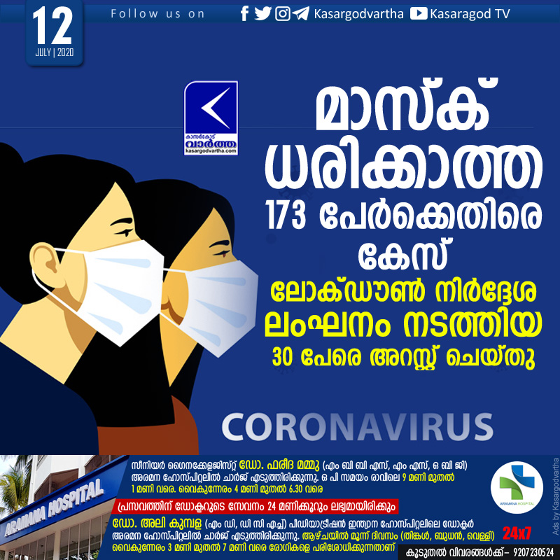 kasaragod, news, Kerala, Mask, Fine, case, Vehicles, custody, 173 case registered for not wearing mask in Kasaragod