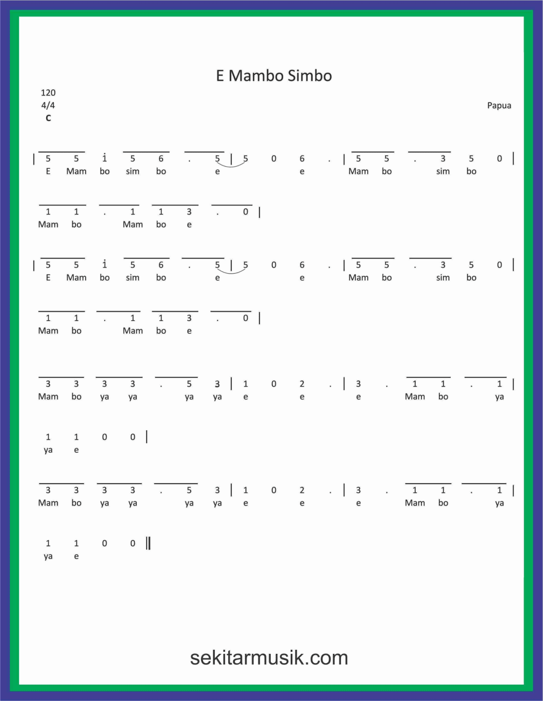 Not Angka Lagu E Mambo Simbo - SEKITAR MUSIK