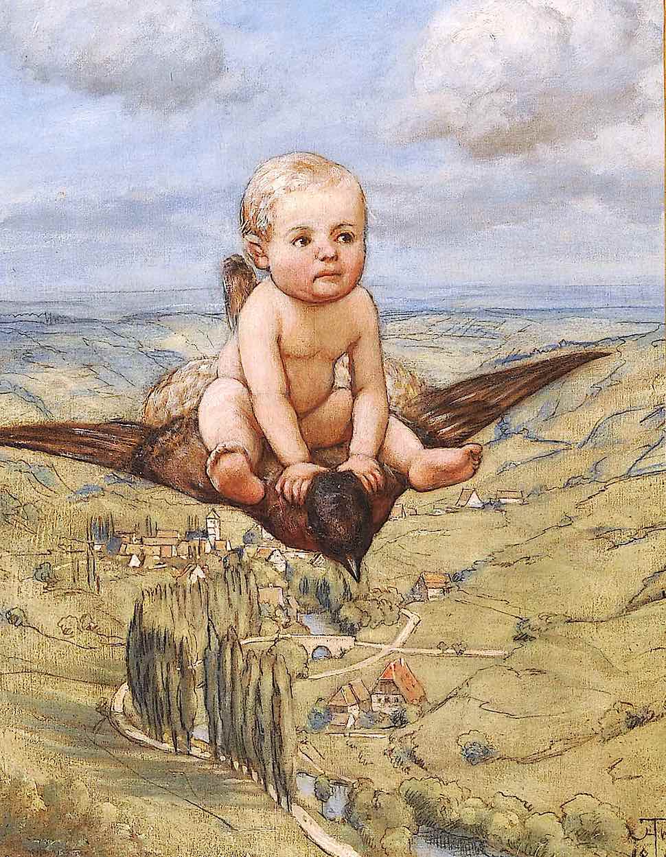 Hans Thoma 1885 Hans Thoma 1885, a baby riding a flying bird