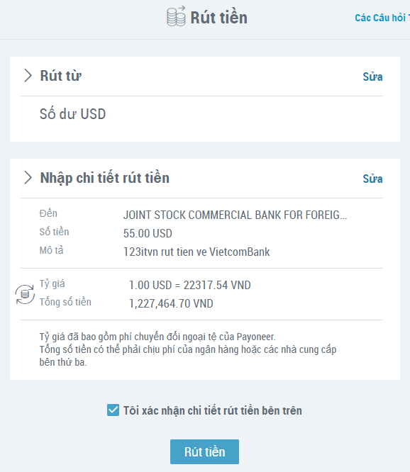 Rút tiền từ Payoneer về ngân hàng Việt Nam