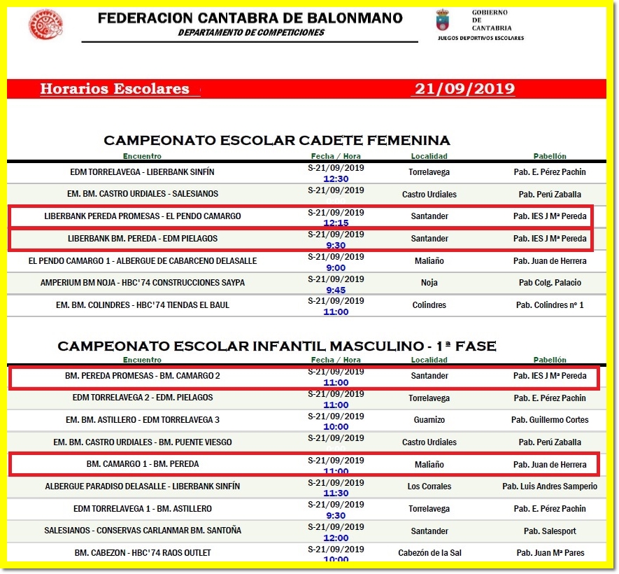 Club Balonmano Pereda: HORARIOS BM PEREDA - Sábado 21 de septiembre
