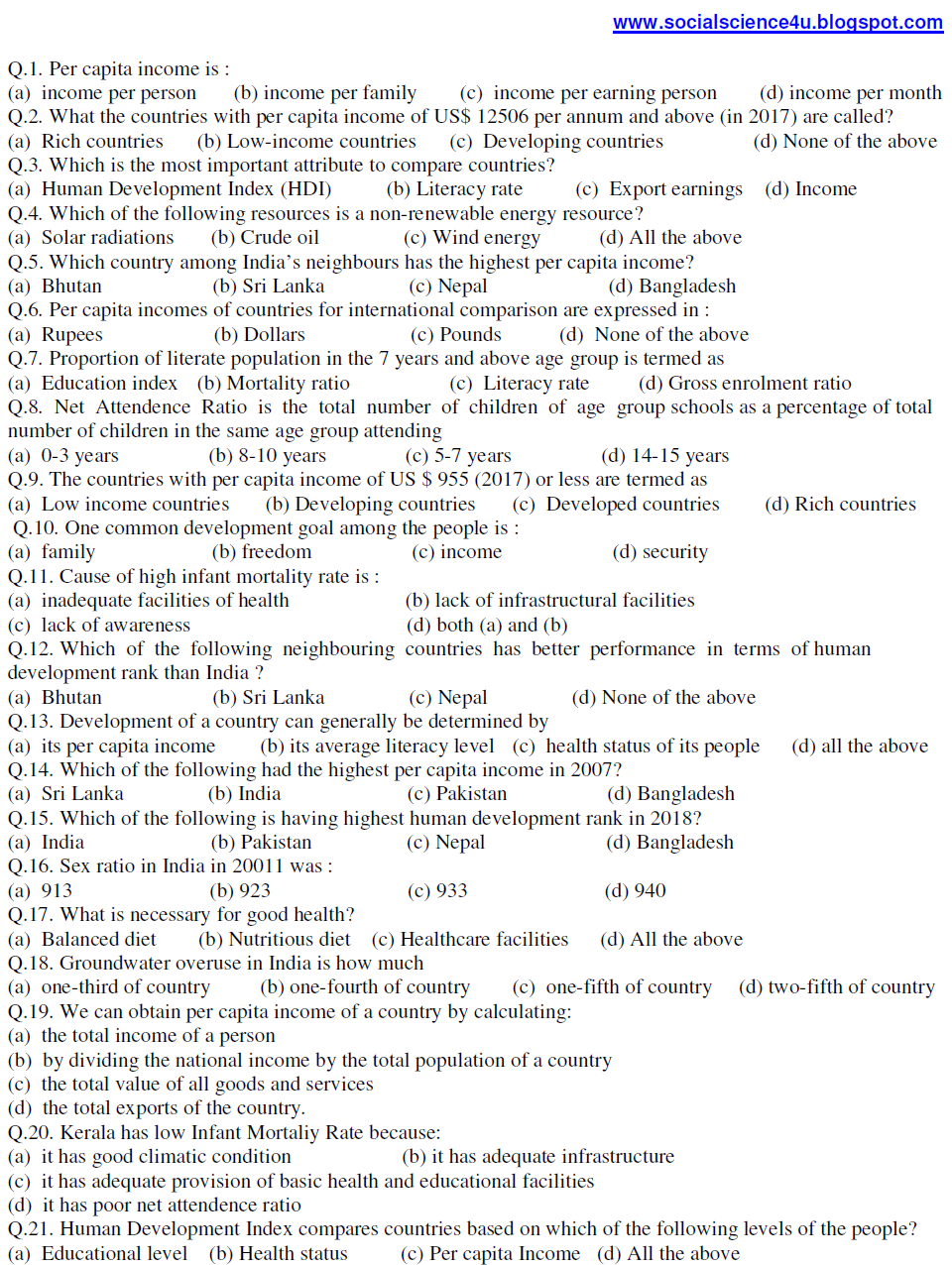 SocialScience4U MCQ of Development