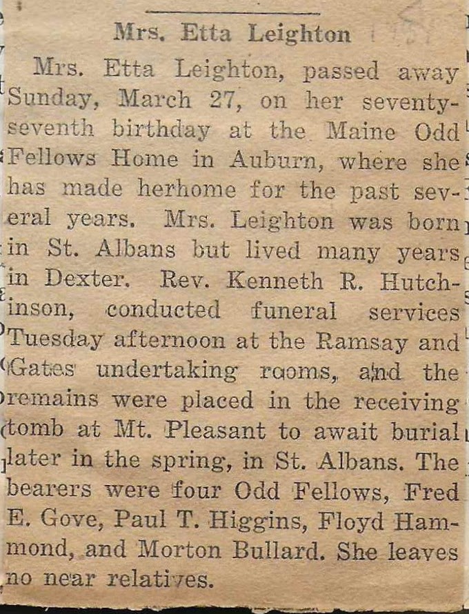 Heirlooms Reunited Obituary of Mrs. Etta Leighton of Saint Albans