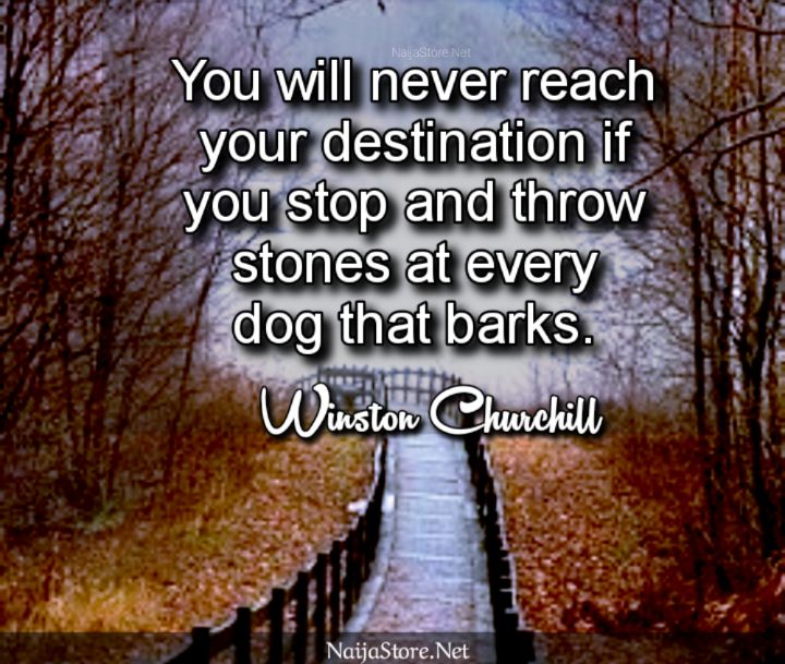 Winston Churchill's Quote: You will never reach your destination if you stop and throw stones at every dog that barks - Inspirational Quotes