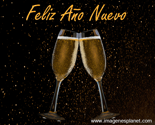 Feliz Año Nuevo 2021 Imágenes de Felices Fiestas gif animado con movimiento brillos dorados y copas brindis