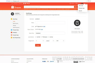 Tampilan Halaman Akun Shopee Indonesia