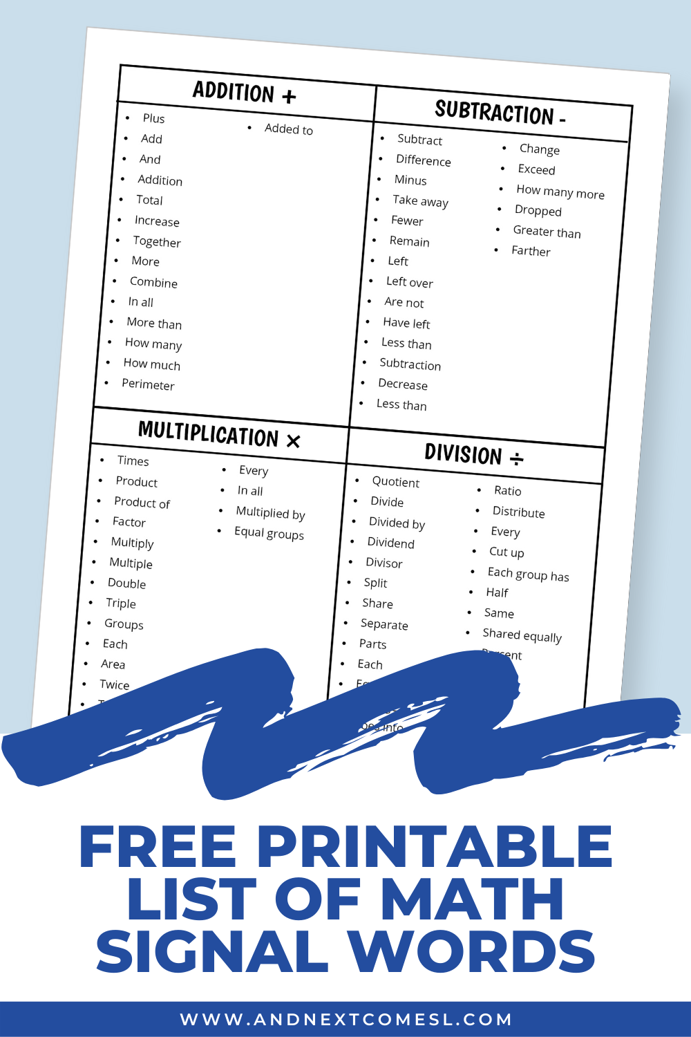 Free printable list of math signal words that will improve comprehension of word problems