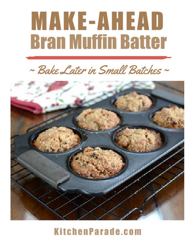 Make-Ahead Bran Muffin Batter ♥ KitchenParade.com, mix now, bake in small batches later, including a single microwave bran muffin in a mug.