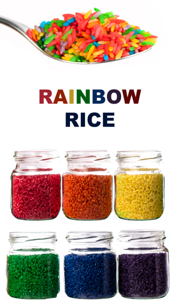 Have all the fun of play sand without all the mess with this rainbow rice recipe for kids!  You can make make rice in every color of the rainbow, and ricewon't mush into carpet like play dough. #rainbowrice #rainboericesensory #coloredrice #coloredricesensorybin #dyedrice #dyedricesensory #howtomakerainbowrice #ricerecipes #riceplayfortoddlers #growingajeweledrose