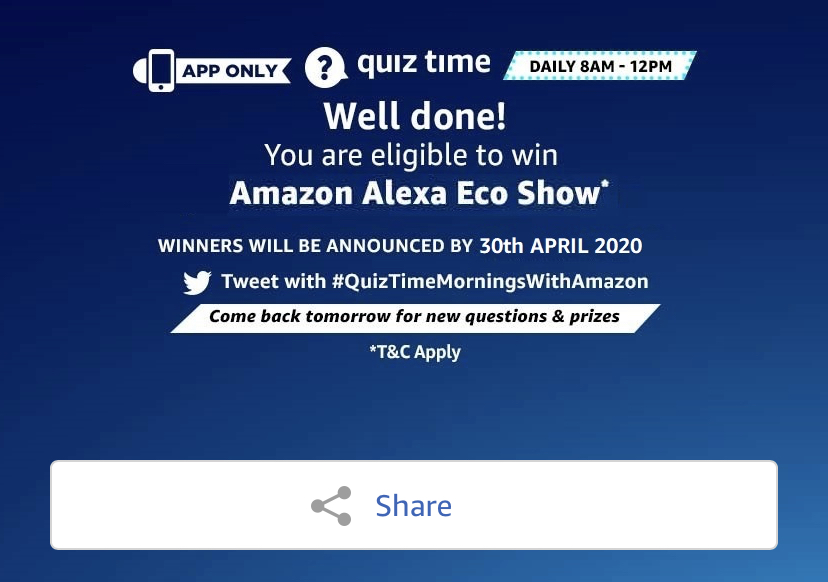 Amazon Quiz 14 April 2020 Answers Win Amazon Alexa Eco Show