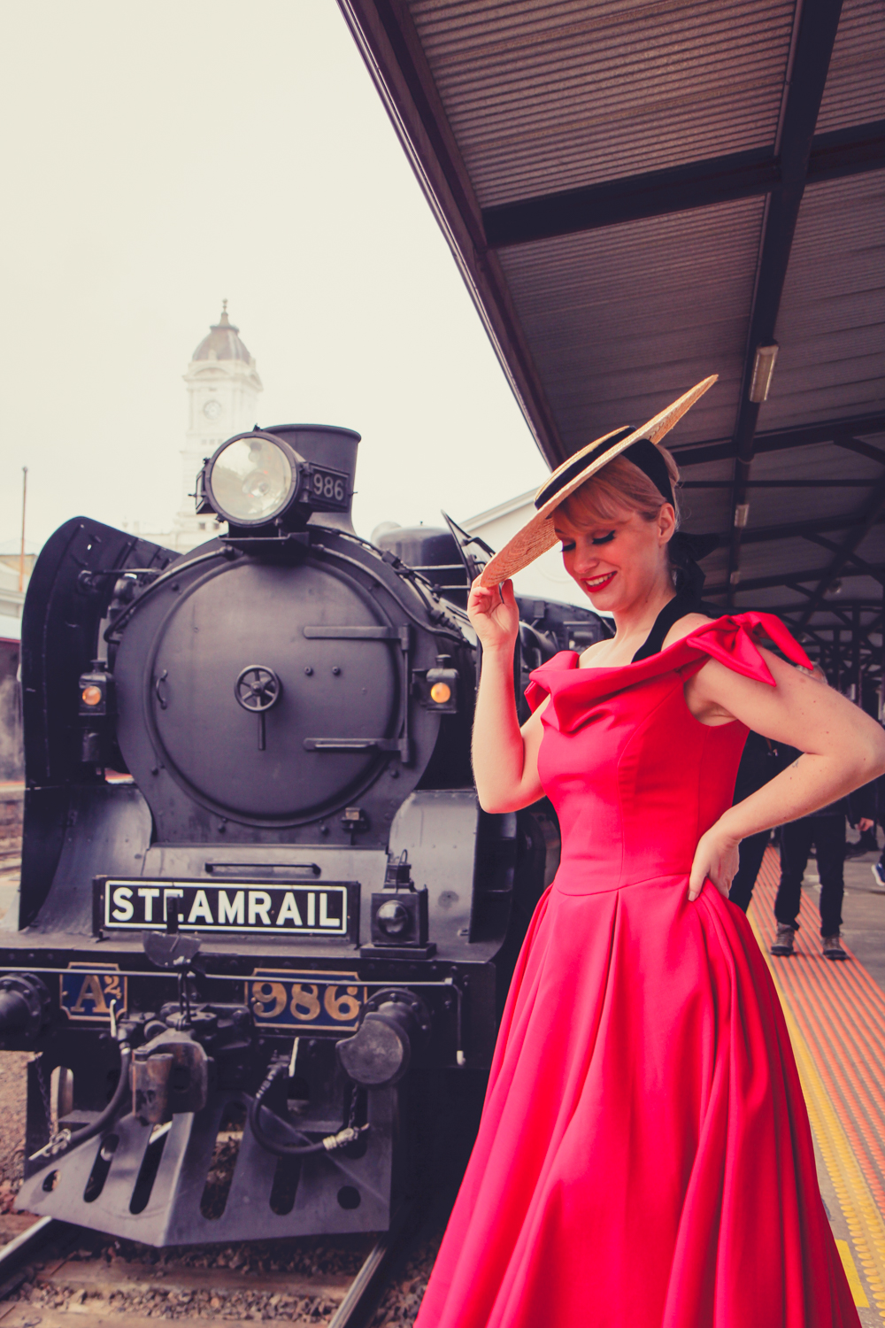 Liana of @findingfemme in red The Pretty Dress company dress at Ballarat Heritage Weekend