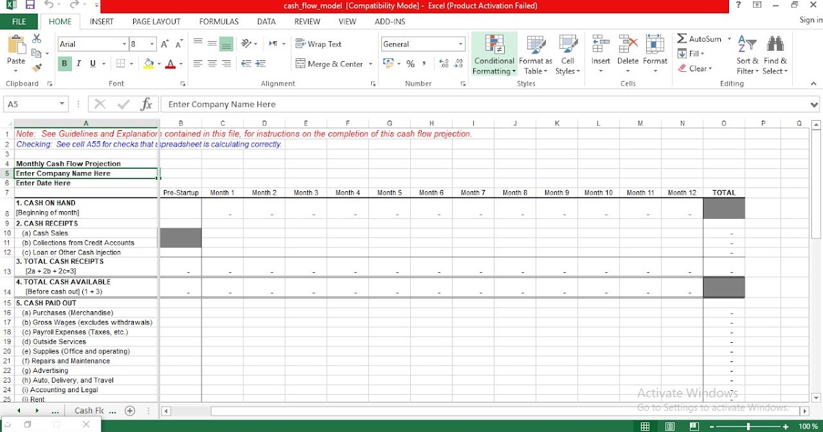 Monthly Cash Flow Projection Excel Template