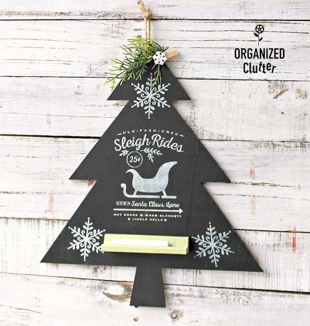 Upcycled & Stenciled Handmade Holiday Craft Christmas Tree Chalkboard  #Christmasdecor #chalkboards #joannfabrics #stencil #Christmastree #Christmascraft #upcycle #semihomemadeChristmasdecor
