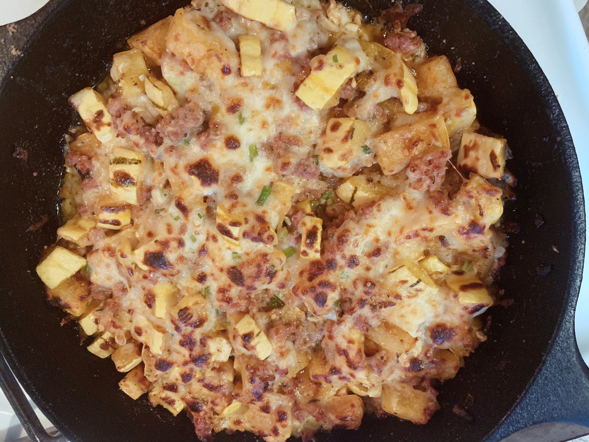 One pot and slightly photogenic (Delicata Squash Casserole with Sausage