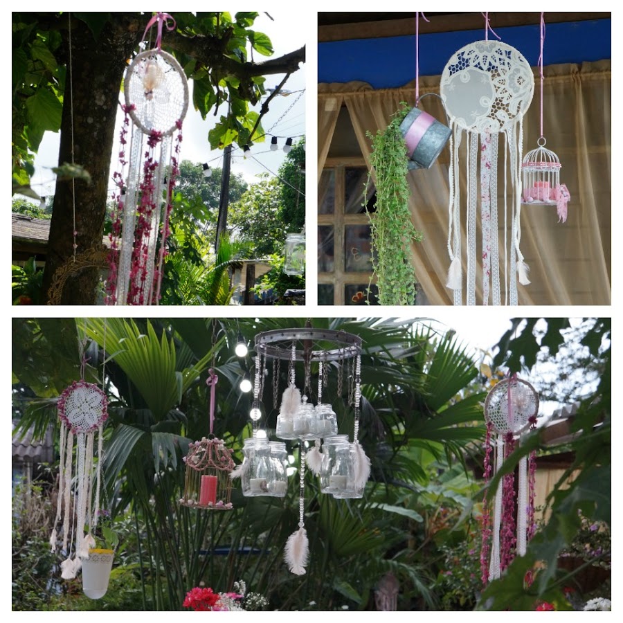 Decoración fiesta rústica, bohemia (boho), ecológica,low cost, jaulas decoradas, lamparas con botellas, reciclaje, reciclados, atrapasueños, fiesta exterior, fiesta, exteriores, campestre, aire libre, materas, madera reciclada, centros de mesa