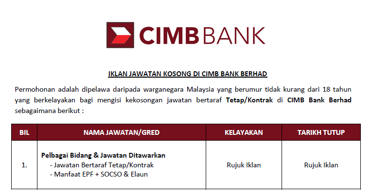 Permohonan Jawatan Kosong di CIMB Bank Berhad  Ambilan Terkini Tahun