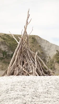 Fort made out of wood on the beach at Kaikoura on the South Island of New Zealand