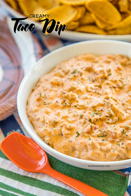 Creamy Taco Dip - only 4 ingredients and it's ready in 5 minutes!!! People go nuts over this easy Mexican dip recipe!! Serve with Fritos, tortilla scoops, celery or bell pepper slices. You might want to double the recipe, this is always the first thing to go!! Great for parties and tailgating.