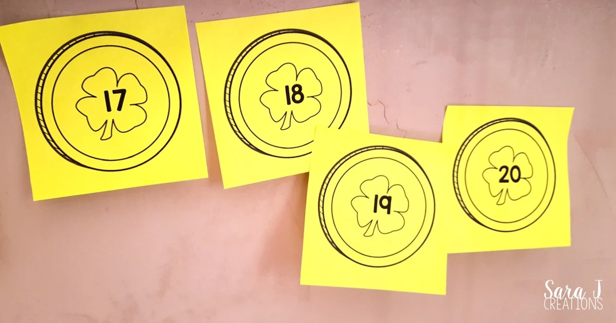 Sticky notes to practice number sequencing.  An easy, low prep activity to practice counting with a fun St. Patrick's Day coin theme.  FREE templates included.