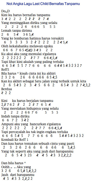 Not Angka Lagunya Last Child Bernafas Tanpamu Not Lagu Nasioanl Lengkap