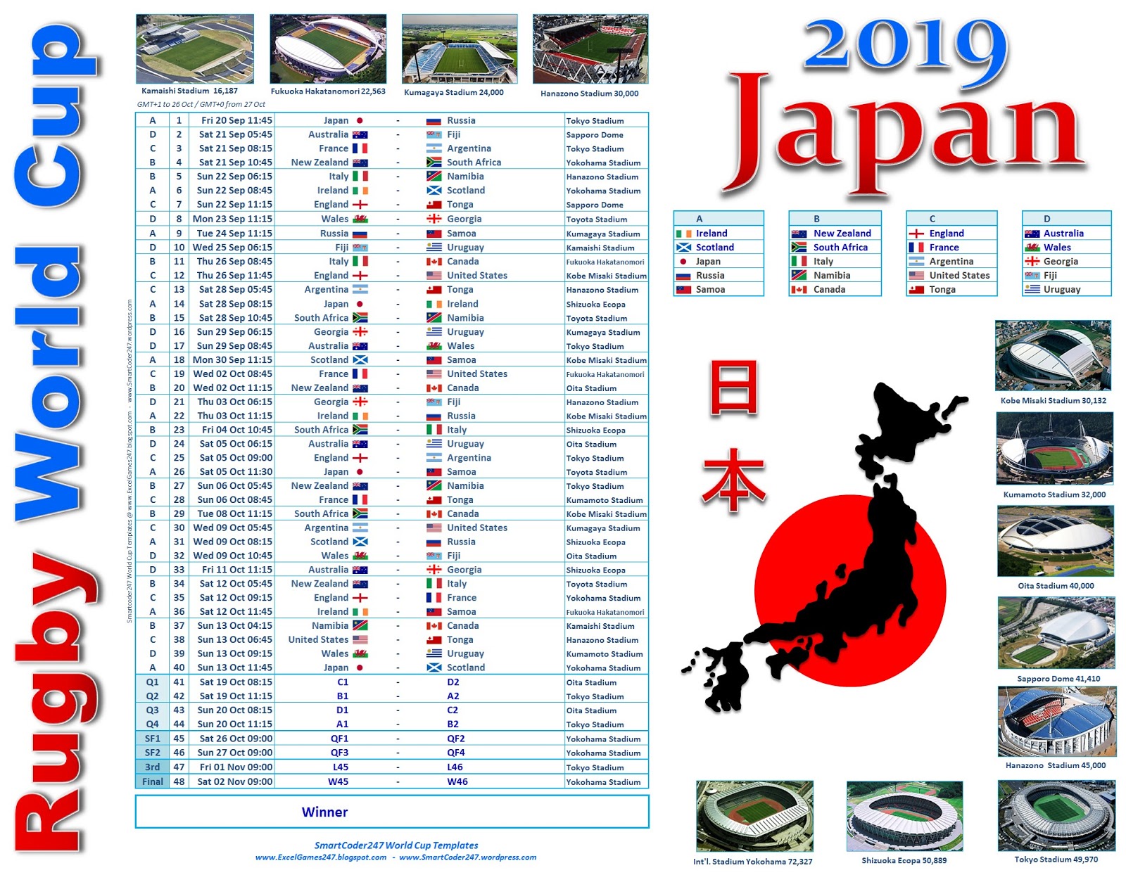 Smartcoder 247 Euro 2020 Football Wallcharts And Excel Templates Option C Free Rugby World Cup Japan 2019 Wall Charts In Jpeg And Pdf Formats