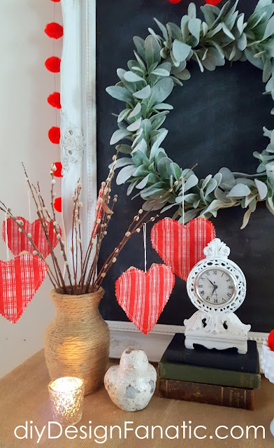 Valentine Vignette, Vintage Valentine Hearts, Valentine Hearts, Pom Pom Garland, farmhouse, cottage