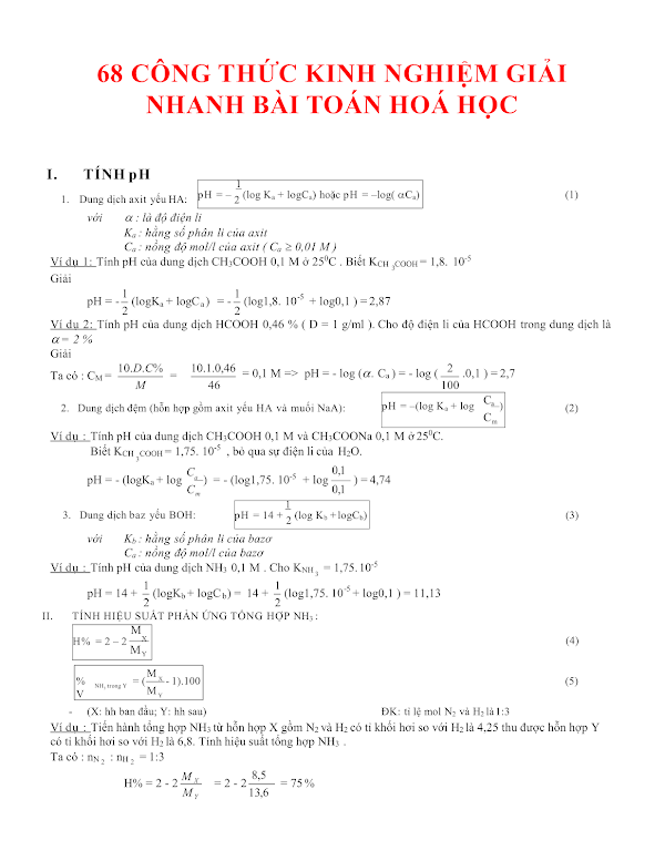 68 công thức giải nhanh trắc nghiệm Hóa học 68 công thức giải nhanh trắc nghiệm Hóa học